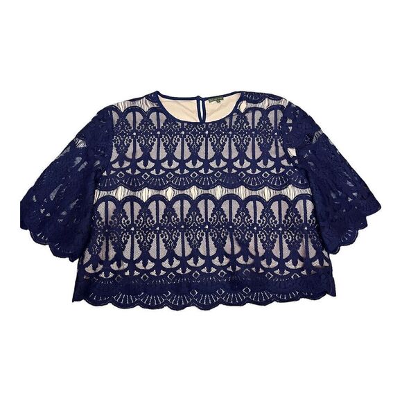 {tl} The Letter Top Women’s L Blue Crop Lace Mesh Abstract Romantic Short Sleeve - Picture 12 of 14
